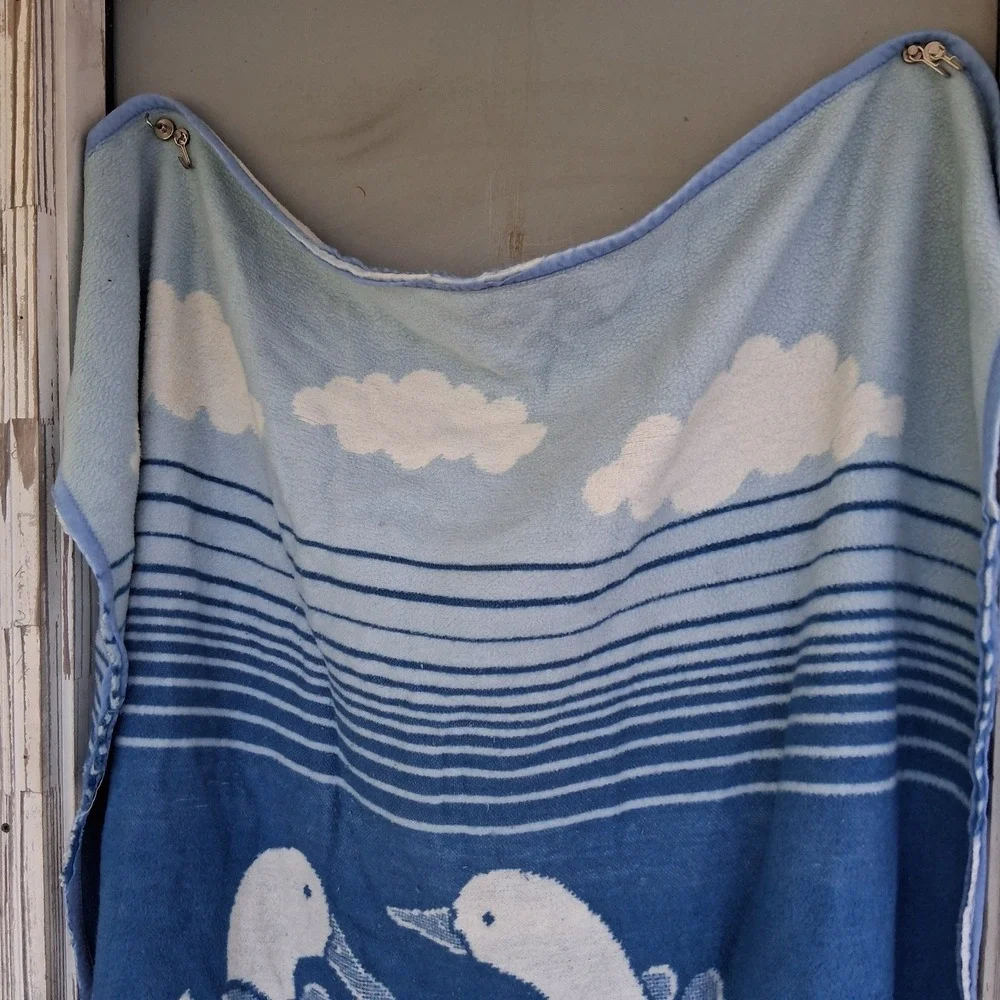 Vintage 80s‎ 90s Mora Goose Geese Soft Blanket Country Blue Dusty Rose Tulips...